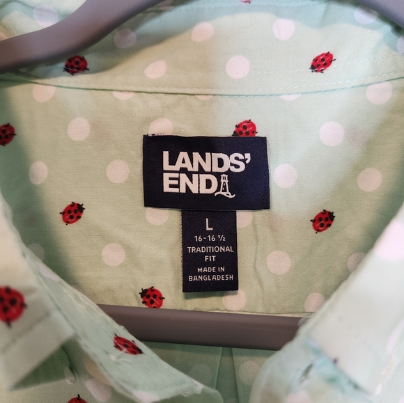 Lands' End Traditional Fit Ladybug Polka Dot Print Button Down Shirt L - Picture 4 of 6